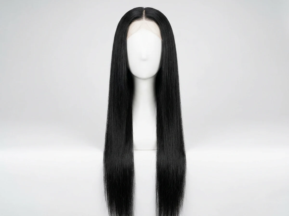 Women's lace closure wig in natural black on mannequin